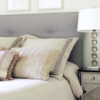 Stitch designed and fabricated this upholstered headboard and custom shams and pillows for this Noe Valley, San Francisco guest room